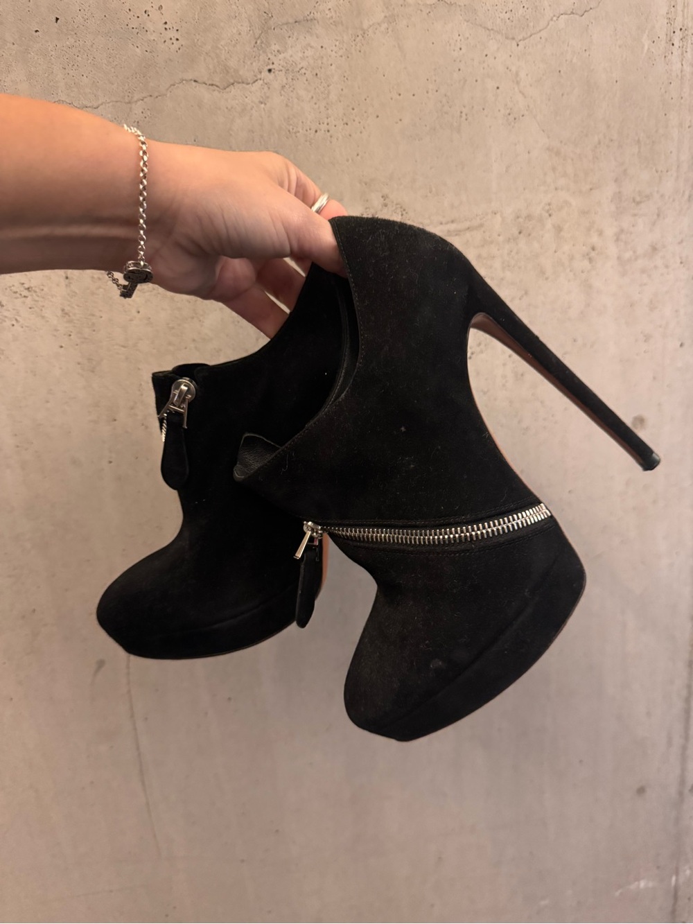 AlaiA Black Suede Platform Ankle Booties with Silver Zip Accent 7.5